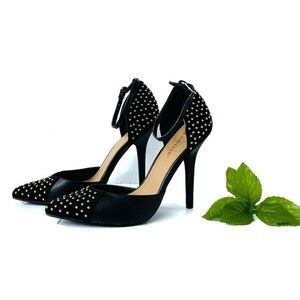 JustFab Grette black leather gold studded pumps 7